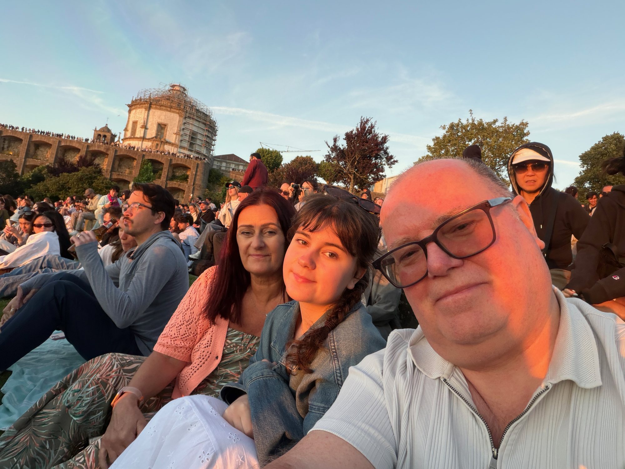 Sarah, Sally and Chris together at sunset in Jardim do Morro