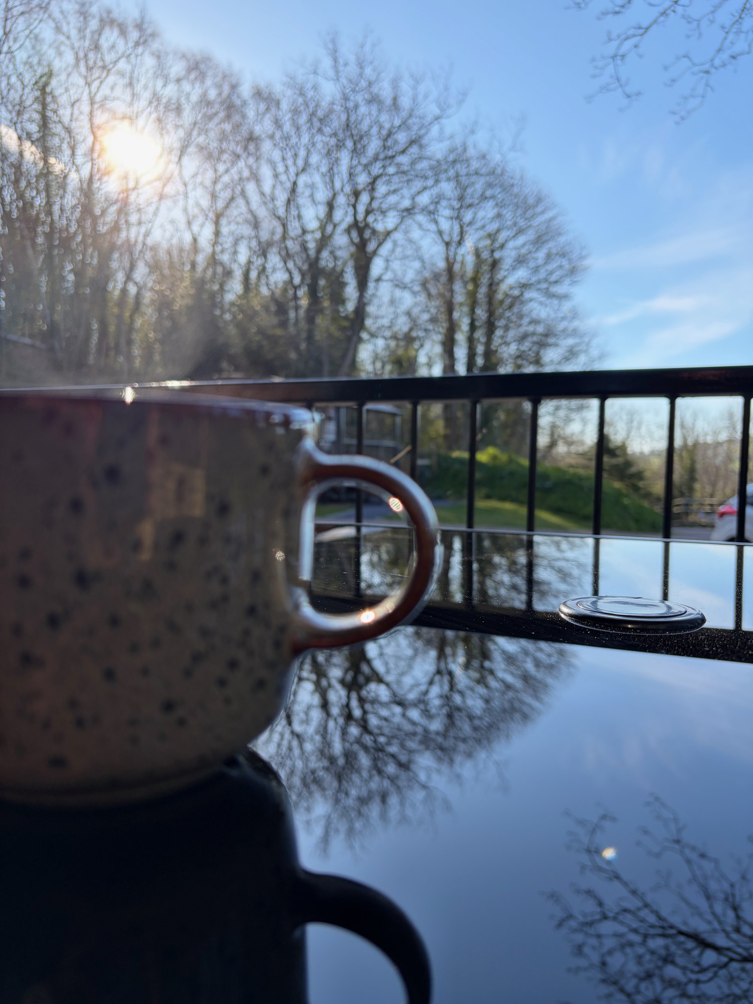 A mug on the outdoor table in the morning sunshine
